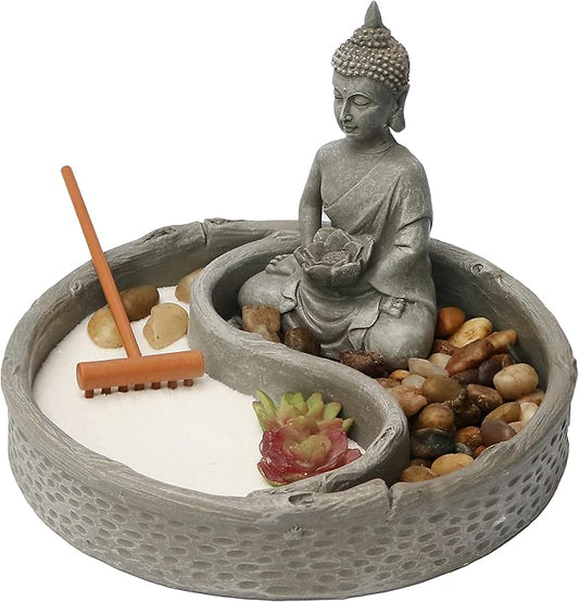 Nature's Mark Mini Zen Garden Kit for Desk with Lotus, Buddha Figures, Rake and Natural Sand River Rocks Table/Desk Décor Gift Set for Home and Office 6 x 6 Inches Round Base