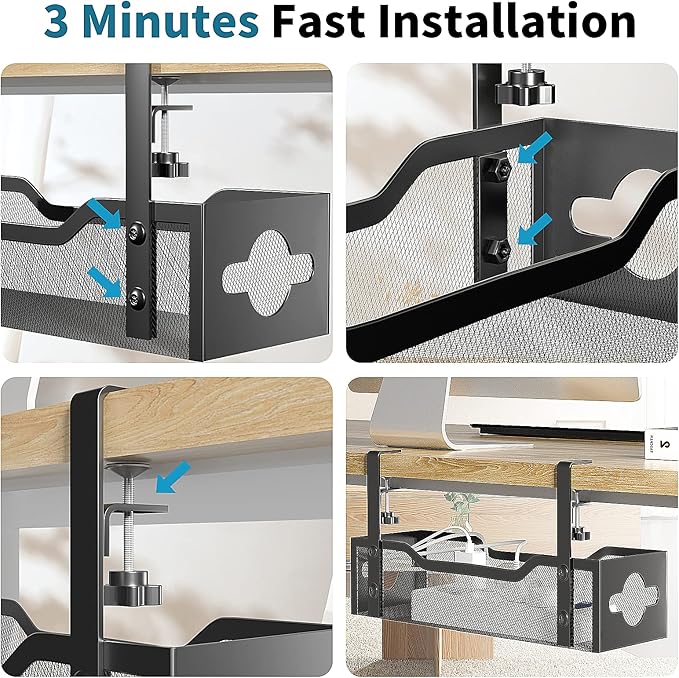 Under Desk Cable Management Tray Black, Litwaro Cable Management Under Desk No Drill, Desk Cable Organizer with Clamp for Desk Cord Organizer, Desk Wire Management No Damage to Desk for Office, Home