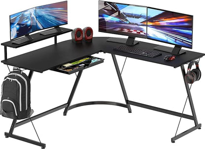 SHW Vista L-Shape Desk with Monitor Stand, Black