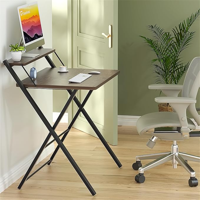 GreenForest Folding Desk No Assembly Required Small Size, 2-Tier Foldable Computer Desk with Shelf for Home Office, Space Saving Portable Laptop Study Foldable Table for Small Spaces, Brown