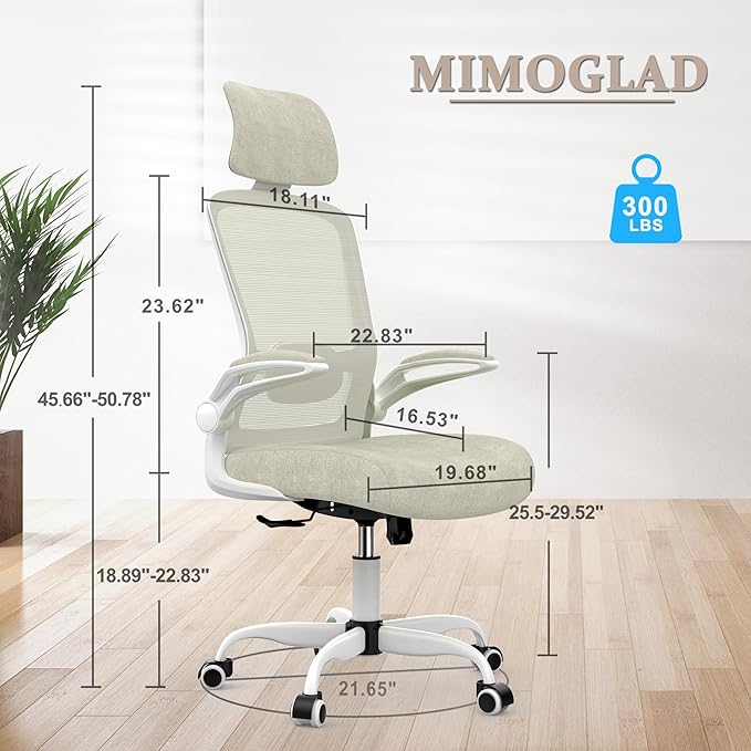 Mimoglad Office Chair, High Back Ergonomic Desk Chair with Adjustable Lumbar Support and Headrest, Swivel Task Chair with flip-up Armrests for Guitar Playing, 5 Years Warranty