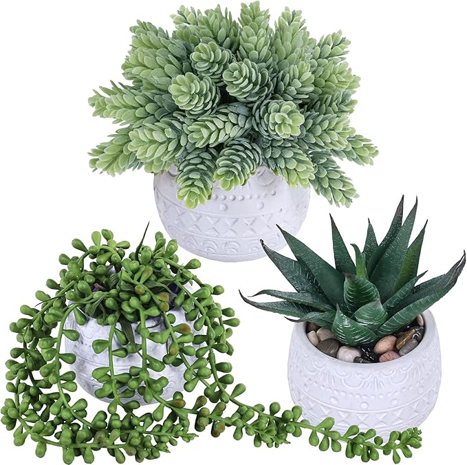 Winlyn 3 Pcs Assorted Small Potted Succulent Plants Artificial Aloe Hanging Succulent in White Geometric Concrete Ceramic Pots for Gift Party Wedding Favors Windowsill Table Shelf Indoor Outdoor Decor