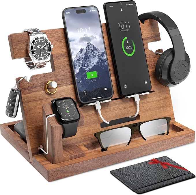 Wooden Docking Station Men, Nightstand Organizer Bundle w/RFID Blocking Leather Wallet - Charging Station, Cell Phone Stand, Tablet Stand, Husband Gifts from Wife, for Dad - Walnut