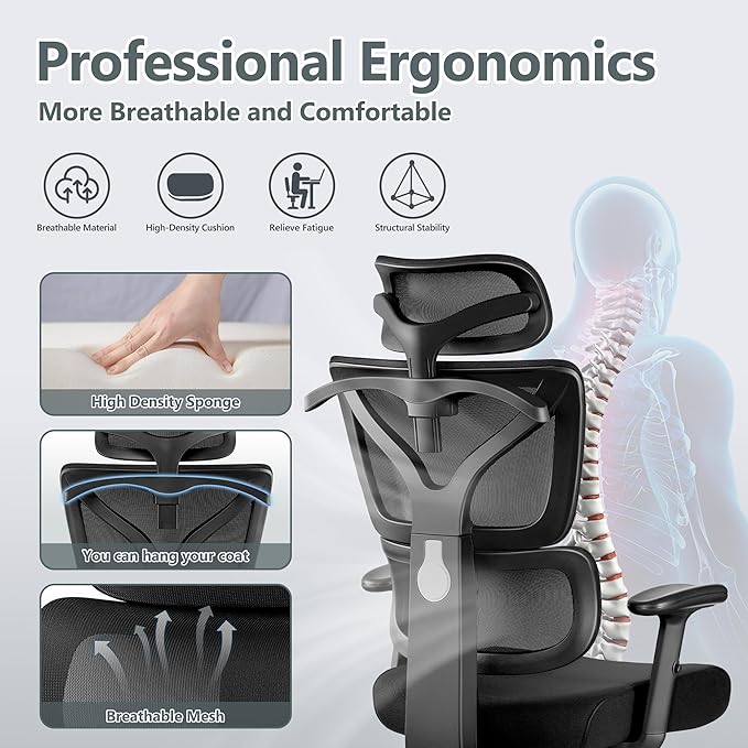 Office Chair Ergonomic Desk Chair, High Back Gaming Chair, Big and Tall Reclining Comfy Home Office Chair Lumbar Support Breathable Mesh Computer Chair Adjustable Armrests (Black)