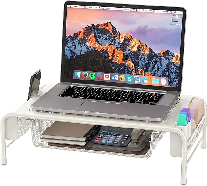 Simple Houseware Metal Desk Monitor Stand Riser with Organizer Drawer, White