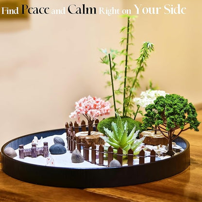 Mini Round Zen Garden Kit for Office Desk, DIY Sand Garden for Tabletop, 9.4x9.4in Wood Tray Forest White Sand Garden, Meditation Sand Therapy Kit Gift Set