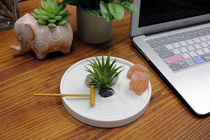 Nature's Mark Mini Zen Garden Kit for Desk with White Sand, Rake, White Base, Salt Rock and Air Plant (Round)