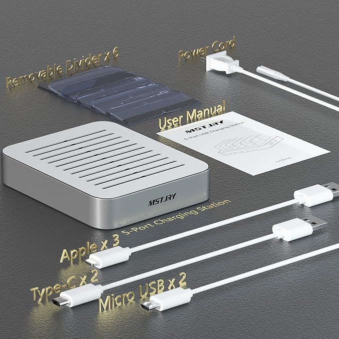 Charging Station for Multiple Devices,MSTJRY 5 Port Multi USB-A Charger Station with Power Switch Designed for iPhone iPad Cell Phone Tablets (Silver, 7 Mixed Short Cabels Included)