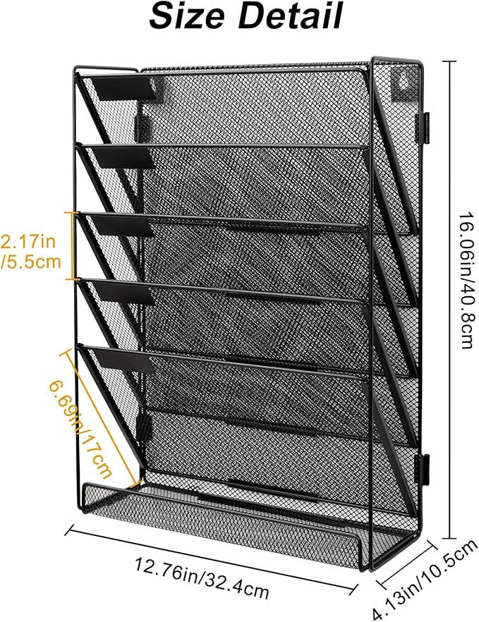 EasyPAG Mesh 5-Tier Hanging Wall Mount File Organizer Desk File Holder Vertical Mail Paper Folder Rack with Bottom Tray for Office Home,Black