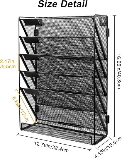 EasyPAG Mesh 5-Tier Hanging Wall Mount File Organizer Desk File Holder Vertical Mail Paper Folder Rack with Bottom Tray for Office Home,Black