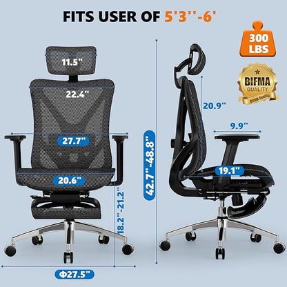 GABRYLLY Ergonomic Office Chair with Adjustable Lumbar Support, 3D Armrests & Headrest, 135° Reclining Chair with Footrest & Large Steel Base,300LBS Swivel Desk Chair(GYMN01)