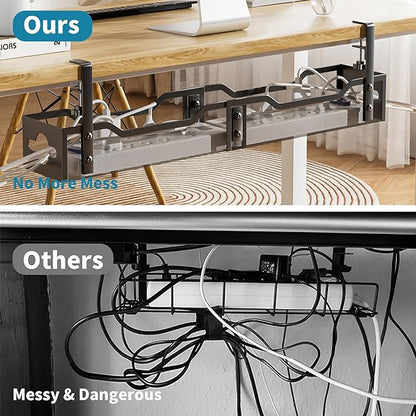 Under Desk Cable Management Tray, Litwaro Cable Management Under Desk No Drill, 25'' Metal Cable Tray with Clamp for Desk Wire Management, Desk Cord Organizer - No Damage to Desk