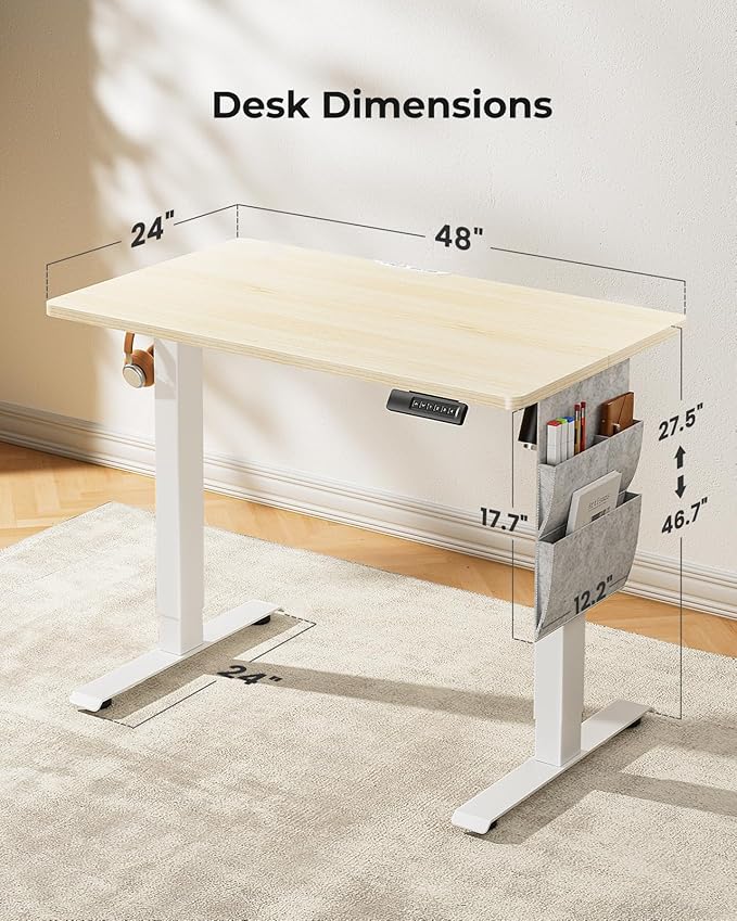 Marsail Standing Desk Adjustable Height Home Office Desk,‎48x24 Inch Electric Standing Desk, Stand up Desk with Storage Bag,Headphone Hook for Computer Workstations Desk Memory Preset