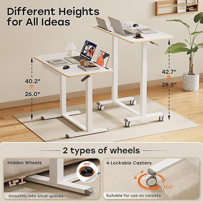 Mobile Standing Desk, 35inch Small Standing Desk with Drawer, Height Adjustable Rolling Sit Stand Desk, White Portable Laptop Desk with Hidden Wheels or Lockable Casters