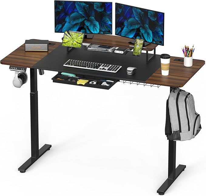 SHW 62-Inch Extra Large Electric Height Adjustable Standing Desk with Monitor Riser and Drawer, Walnut