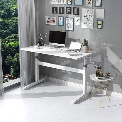 Manual Standing Desk Adjustable Height- Crank Mobile Standing Desk 48 x 24 Inches Sit Stand Desk Frame & Top, Stand Up Desk on Wheels, Computer Desk White Frame & White