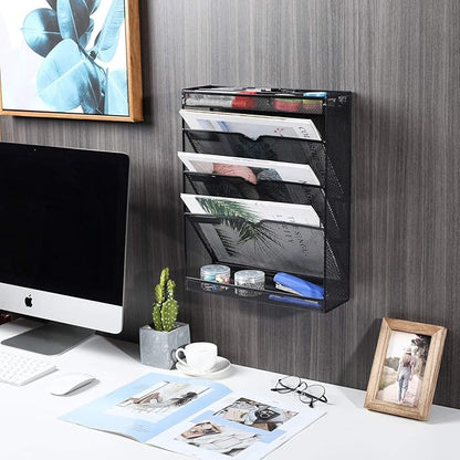 EasyPAG Desk File Organizer Mesh 5-Tier Hanging Wall Mount File Holder Desktop Vertical Mail Paper Folder Holder Stand Rack with Bottom Tray and Accessories Organizer for Office Home,Black