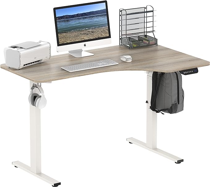 SHW 55-Inch Large Electric Height Adjustable L-Shaped Standing Desk with Right Facing Corner, Oak