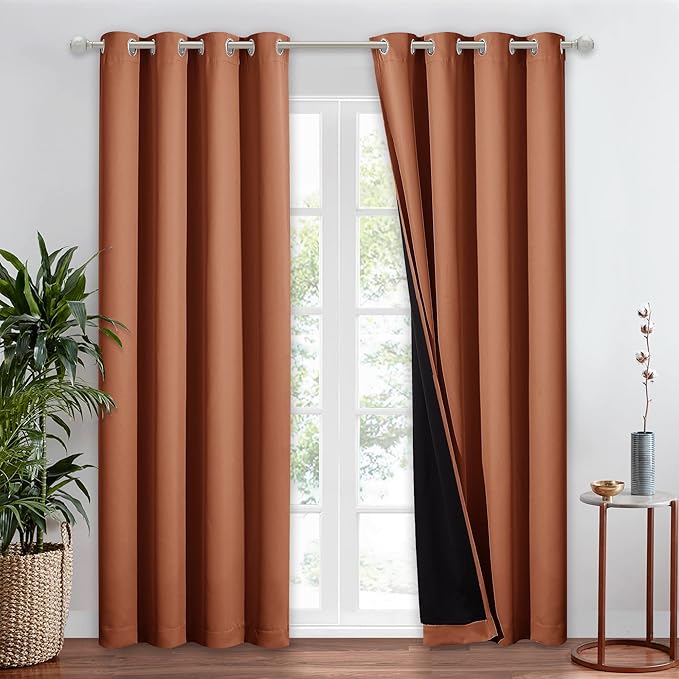 NICETOWN Burnt Orange 100% Blackout Window Curtain Panel, Cold and Full Light Blocking Drape with Black Liner for Nursery, 84 inches Drop Thermal Insulated Draperies (1 PC, 52 inches Wide Each Panel)