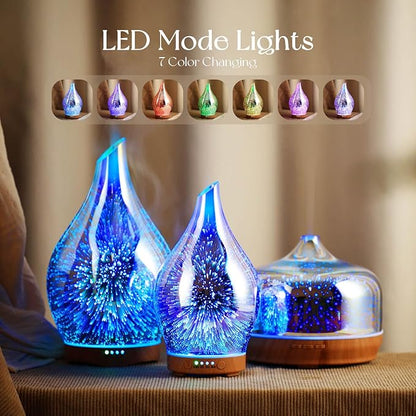 Porseme Oil Diffuser 3D Glass Aromatherapy Ultrasonic Humidifier, Air Refresh Auto Shut-Off, Timer Setting, BPA Free for Home Hotel Yoga Leisure SPA Gift 100ml Last 4H