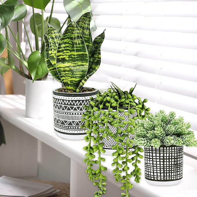 Winlyn 3 Pcs Small Potted Plants Artificial Succulents Hanging Plants and Faux Tropical Snake Plant in Black Geometric Pots for Modern Home Kitchen Windowsill Table Shelf Indoor Outdoor Greenery Decor