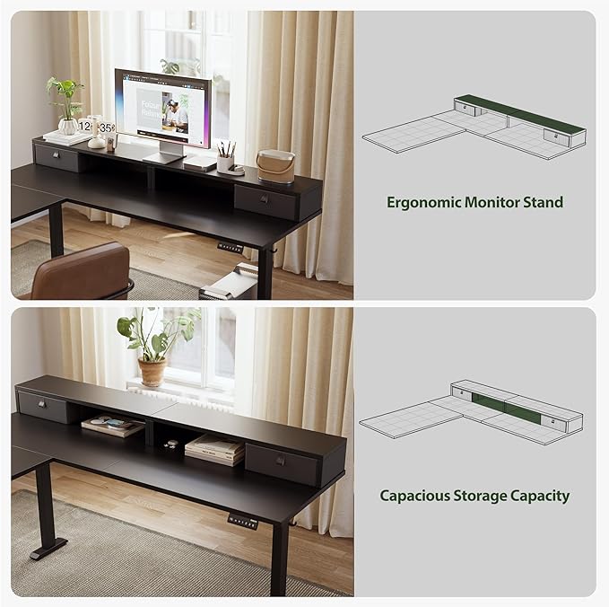 Agilestic L Shaped Electric Standing Desk with 2 Drawers, 63 Inch Ergonomic Adjustable Height Desk with Storage, Corner Desk Sit Stand up Computer Table for Work Office Home, Black