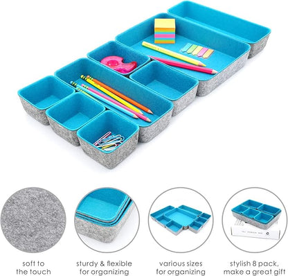 Welaxy desk drawer organizer tray dividers small felt storage box sturdy soft bin for office suppliers entryway catchall key holder makeup crafts pens decluttering 8-piece gift idea (Turquoise)