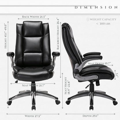 COLAMY Leather Executive Office Chair - High Back Home Computer Desk Chair with Padded Flip-up Arms, Adjustable Tilt Lock, Swivel Rolling Ergonomic Chair for Adult Working Study, Black