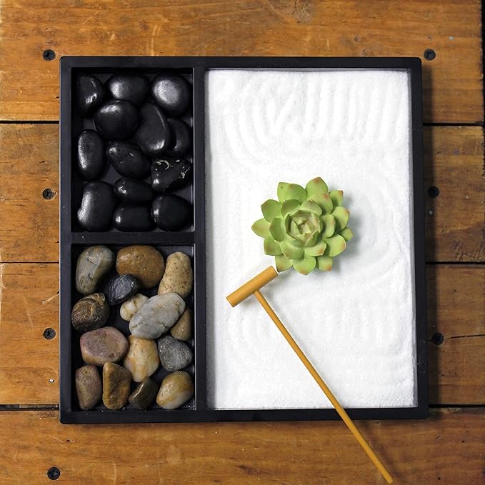 Nature's Mark Mini Zen Garden Kit for Desk with Rake, White Sand, Lotus Figure, 3 Sections Black Square Base, River Rocks and Black Rocks (9Lx9W C)