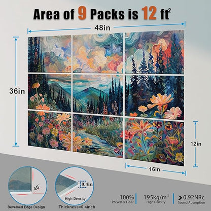 9 Pack Art Acoustic Panels with Self-adhesive,48" X 32"Sound Absorbing Panels, Beveled Edge Decorative Absorbing Dampening, Soundproof Wall Panels for Studio Home and Office（Flowers）