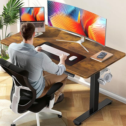 Veken 47.2 Inch Electric Standing Desk, Height Adjustable Sit Stand Up, Cable Clip, Wood Desktop, Work Home Office Computer PC Table, Writing Study Rising Desks, Brown