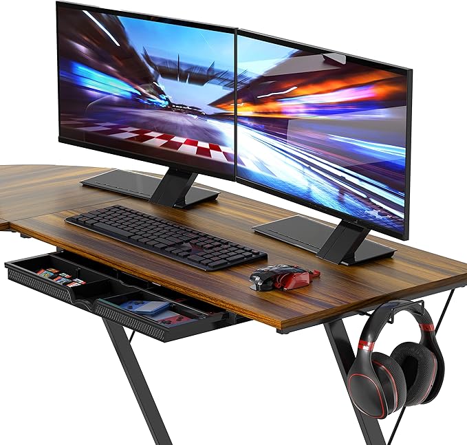 SHW Vista L-Shape Desk with Monitor Stand, Walnut