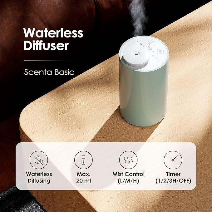 Waterless Diffuser for Essential Oil Nebulizer Battery Operated Mini Scent Air Machine Aromatherapy Atomizing Diffuser 1/2/3H/Time Off 3 Mist Level for Home Office (AN6 Green Lily)