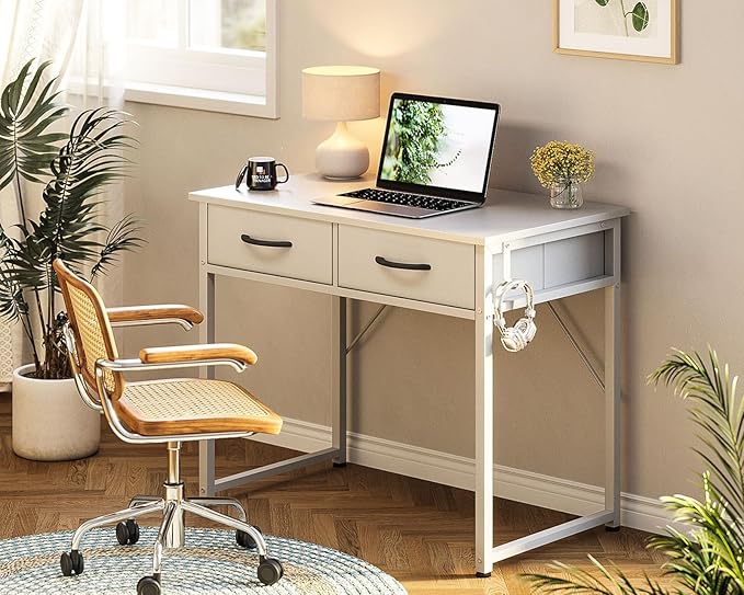 ODK Small Desk with Fabric Drawers- for Bedroom, White Vanity Desk with Storage, Home Office Computer Desk for Small Spaces, 32 Inch Modern Work Writing Study Table, White