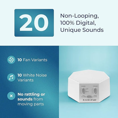 Adaptive Sound Technologies LectroFan Classic White Noise Machine - Compact Sleep Sound Machine for Bedroom, Travel, Study & More - 20 Non-Looping Fan & White Noise Variations - White