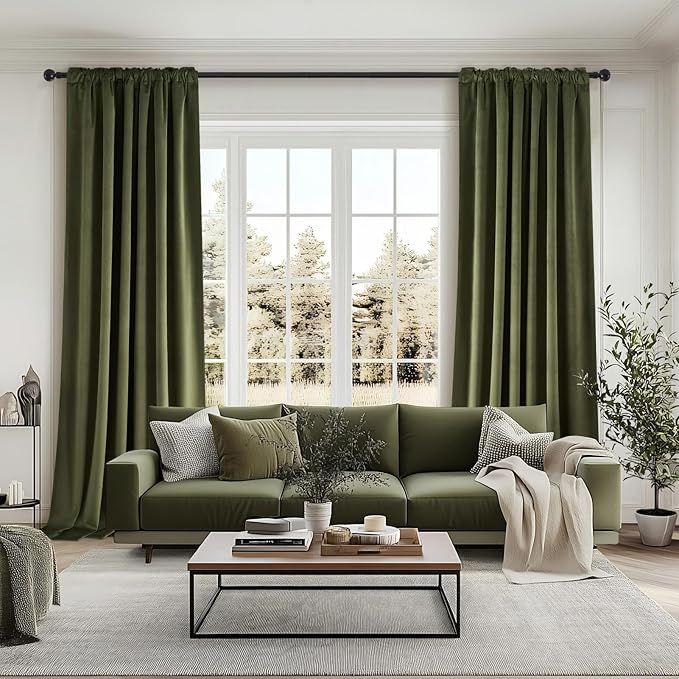 Topfinel 90 Inches Long Olive Green Curtains for Bedroom,Velvet Pinch Pleat Heavy Light Blocking Forest Green Curtains, Room Darkening Modern Hunter Green Cool Unique Drapes 2 Panels Set with Hooks