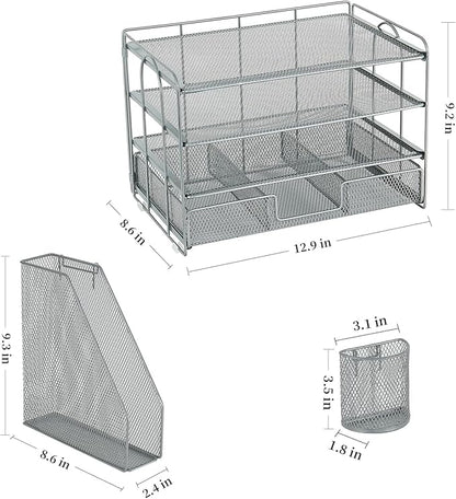 gianotter Paper Organizer with File Holder for Desk, 4 Tier Letter Tray Office Desk Organizers and Accessories - Workspace Organizers with Drawer and 2 Pen Holder for Office Supplies (Grey)