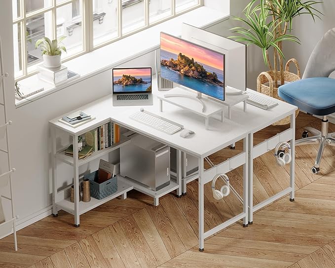 ODK 40 Inch Small L Shaped Computer Desk with Reversible Storage Shelves, L-Shaped Corner Desk with Monitor Stand for Small Space, Modern Simple Writing Table for Home Office Workstation, White