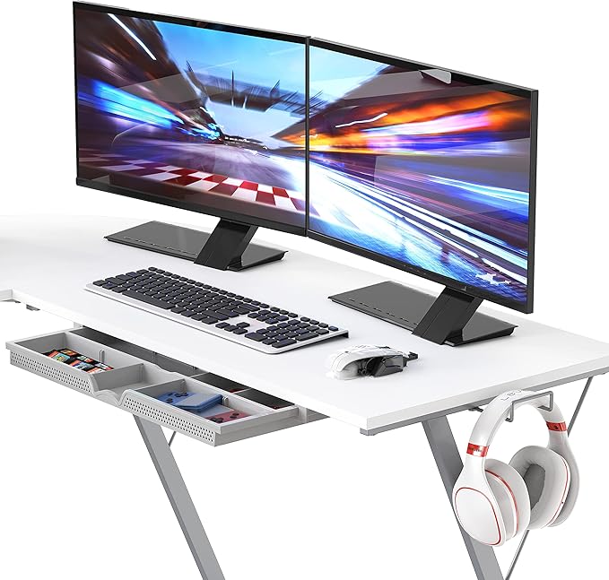 SHW Vista L-Shape Desk with Monitor Stand, White