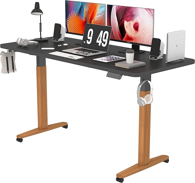 Monomi Electric Standing Desk, 55 x 24 inches Height Adjustable Desk, Ergonomic Home Office Sit Stand Up Desk with Memory Preset Controller (Black Top/Dark Wood Grain Frame)