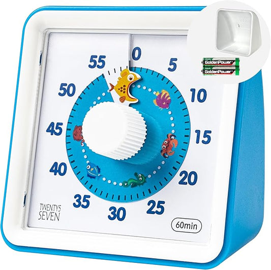 Visual Timer with Protective Case, 60-Minute Countdown Timer for Kids Autism ADHD Classroom Home Office, Countdown Clock for Teaching Work Meeting Time Management with Fish Pattern, Blue