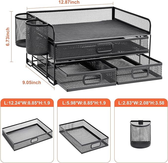 Marbrasse 3 Tier Mesh Desk Organizer with Drawer, Multi-Functional Desk Organizers and Accessories, Paper Letter Organizer with 2 Pen Holder for Home Office Supplies - Black