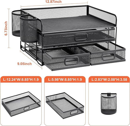 Marbrasse 3 Tier Mesh Desk Organizer with Drawer, Multi-Functional Desk Organizers and Accessories, Paper Letter Organizer with 2 Pen Holder for Home Office Supplies - Black