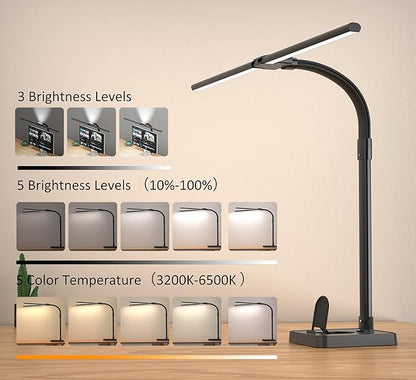 Led Desk Lamp for Home Office, Double Head Desk Lamp with Base, 24W-5 Color Modes and 5 Dimmable Dimming Lighting Desk Light, Eye-Caring Modern Task Lamp for Architect Study Drafting Reading