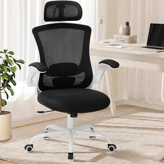 Ergonomic Mesh Office Chair, High Back Executive Desk Chair with Adjustable Headrest and Lumbar Support, Flip-Up Arms, Rocking, Swivel Rolling Computer Mesh Chair for Home Office-Black