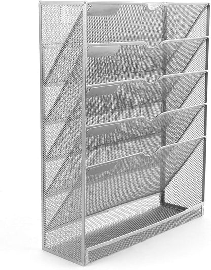 EasyPAG Wall File Organizer Mesh 5 Tier Vertical Hanging File Folders Holder Rack for Office Home,Silver