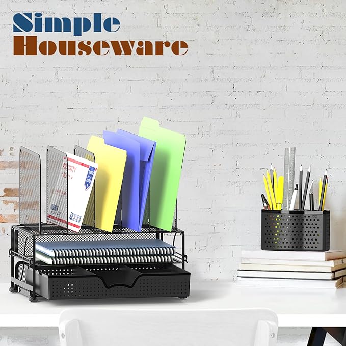 Simple Houseware Mesh Desk Organizer with Sliding Drawer, Double Tray and 5 Upright Sections, Black