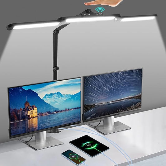 Desk Lamp with USB Charging Ports(C+A) Desk Lamps for Home Office with Hand-Sweep Desk Lamp with Clamp 24W LED Desk Light Clip On Office Desk Lamp with Timer, 21 Light Modes Dimmable Lamp for Desk