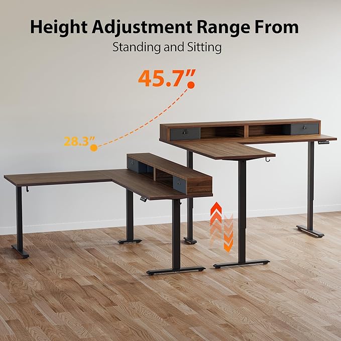 Agilestic 63 x 55 INCH L Shaped Electric Standing Desk with 2 Drawers, Ergonomic Adjustable Height Desk with Storage, Corner Desk Sit Stand up Computer Table for Work Office Home, Dark Wlalnut