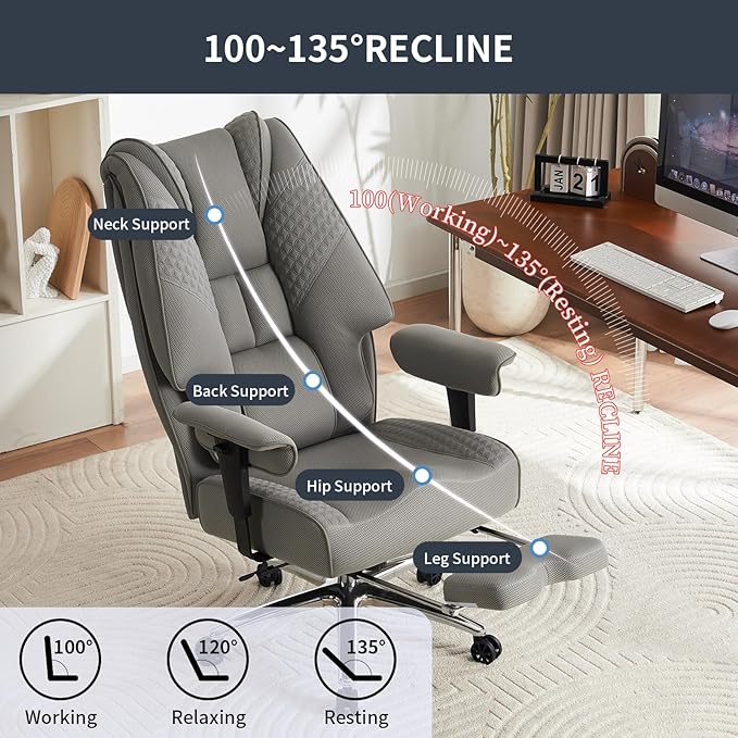 Big and Tall Office Chair 400lbs Wide Seat, Mesh High Back Executive Office Chair with Foot Rest, Ergonomic Office Chair Lumbar Support for Lower Back Pain Relief (Mesh Light Grey)